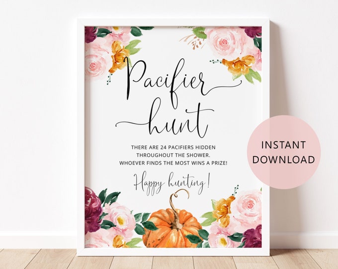 Pacifier Hunt Sign, Fall Baby Shower Sign, Pumpkin Baby Shower Game. Find The Pacifier Game Printable. Instant Download #p2