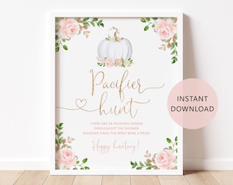 Pacifier Hunt Sign, Fall Baby Shower Sign, Blush Pumpkin Baby Shower Game. Find The Pacifier Game Printable. Instant Download #p3