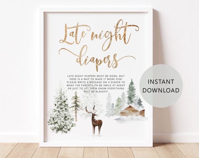 Woodland Late Night Diapers Sign. Winter deer Baby Shower Diapers Thoughts Game. Printable Diaper Game Instant Download #w3