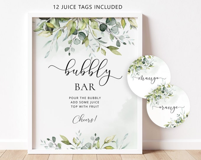 Greenery Bubbly Bar Sign, Bubbly Bar Printable. Eucalyptus Bridal Shower Decoration Signs, bubbly bar juice tags #01