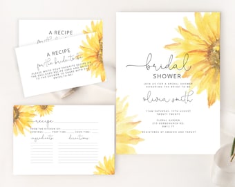 Sunflower bridal shower invitation template and recipe card. Yellow sunflower watercolor Bridal Shower, Bridal Shower recipe card. #SUN1