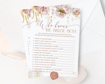 Boho Floral Who Knows the Bride Best game. Bridal Shower Games, Garden How Well Do You Know the Bride game. Instant Download #gar1