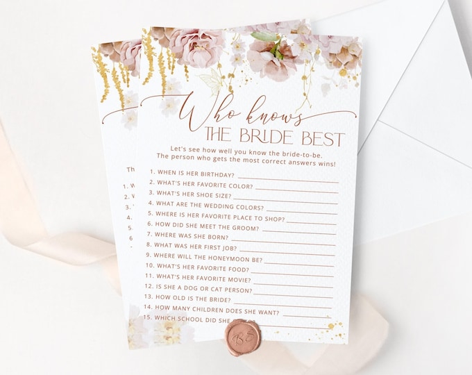 Boho Floral Who Knows the Bride Best game. Bridal Shower Games, Garden How Well Do You Know the Bride game. Instant Download #gar1