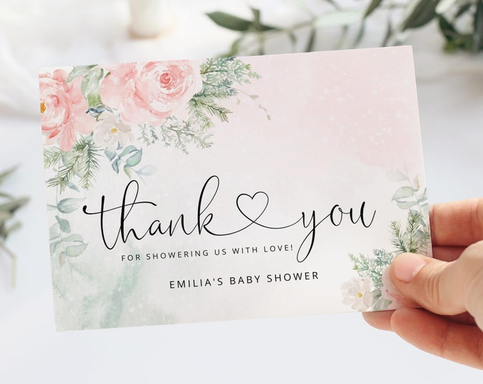Blush Pink Winter Thank You Cards Printable Template.  Baby it's cold outside thank you card. Winter baby shower thank you card #wb5