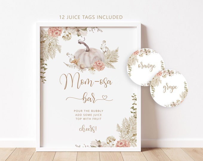 Pumpkin Mom-osa Bar Sign, Boho Fall Bubbly Bar Sign. Pumpkin Baby Shower Decoration Signs, fall momosa bar juice tags #p8
