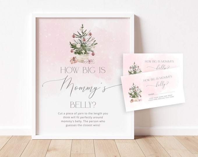 Pink Winter How Big is Mommy's Belly Game. Blush pink christmas tree Belly Guessing Game.  Instant Download #ad7