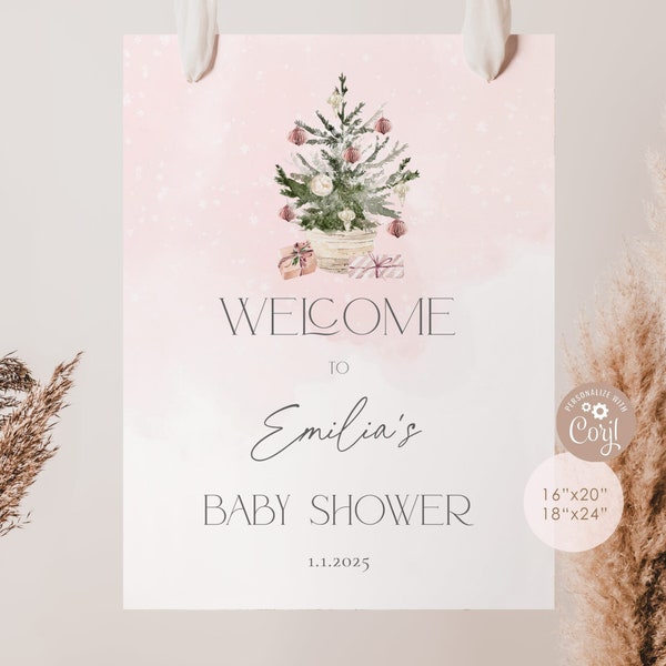 Pink Winter baby shower welcome sign. Blush pink christmas tree baby shower welcome sign #ad7