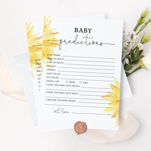 Zonnebloemvoorspellingen voor de babykaart. Minimalistisch zonne-babyshowerspel. Zonnebloem baby voorspellingen kaart. Direct downloaden #zon1