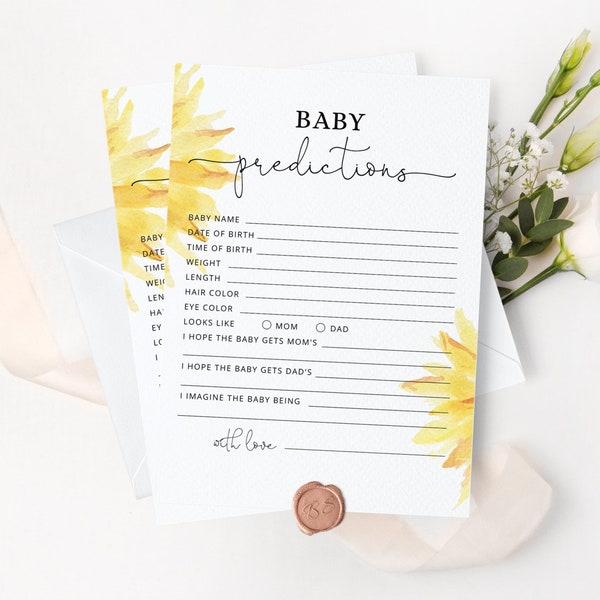 Sunflower predictions for the baby card. Minimalist sun Baby Shower Game. Sunflower baby predictions card. Instant Download #sun1