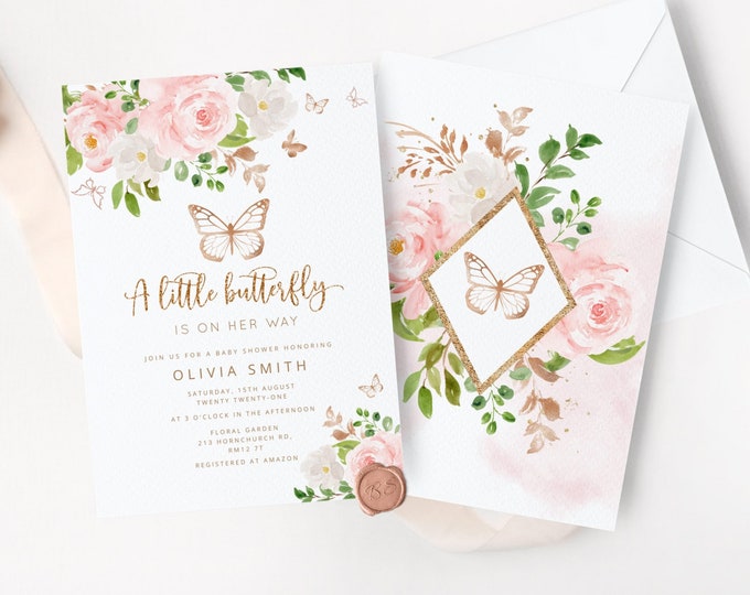 Little butterfly is on her way baby shower invitation. Blush Pink gold Baby girl Shower Invitation #05