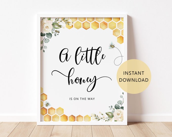 A little honey is on the way sign. Bee baby shower decoration. Sweet as can bee baby shower sign Instant Download #bee