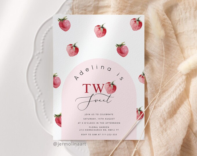Two sweet birthday invitation. Strawberry 2nd birthday invitation. Corjl editable template #ber1