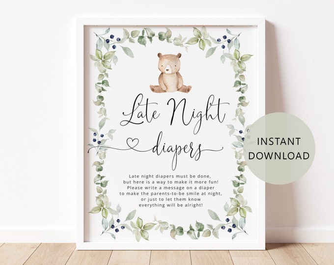 Late Night Diapers Sign. Little bear Baby Shower Diapers Thoughts Game. Eucalyptus woodland Printable Diaper Game  Instant Download #w1