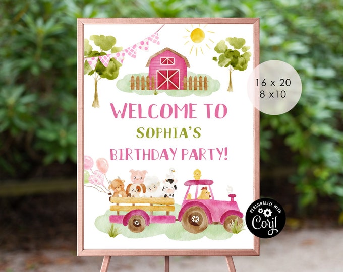 Pink Farm birthday welcome sign. Girl Barnyard Birthday Welcome Sign. Editable pink tractor farm welcome sign  #f1