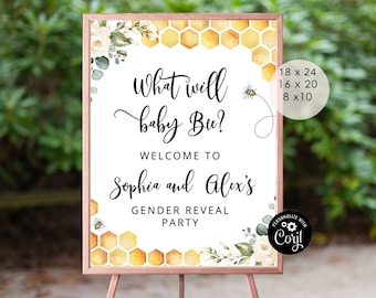 Gender Reveal welcome sign. Bee gender reveal welcome sign. What will baby bee gender reveal Corjl Printable. Instant Download #bee