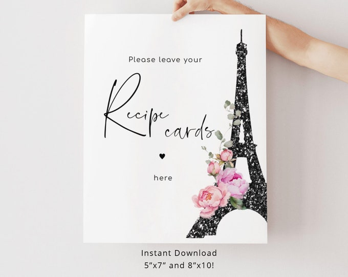 Paris place recipe cards sign. Minimalist Eiffel Tower place your recipe cards here sign. Instant Download #par1