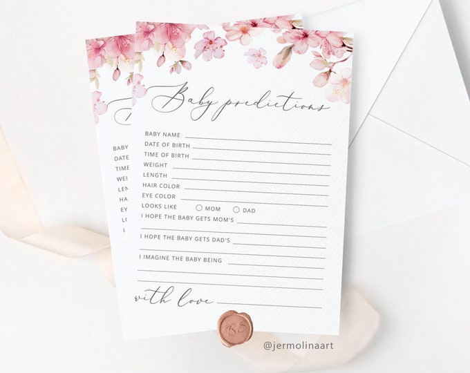 Blush pink Baby shower predictions card. Cherry blossom Baby predictions Card. Minimalist predictions for baby Instant Download #s1