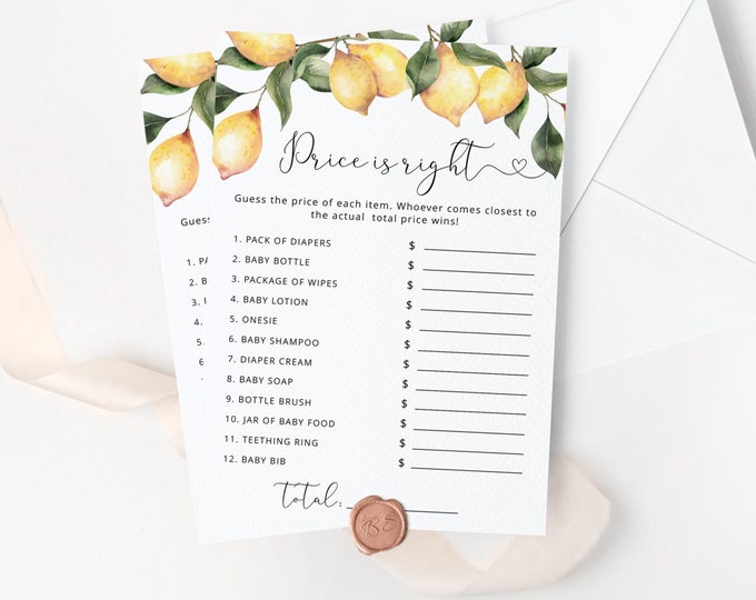 Lemon Price is Right Baby Shower Game. Gender neutral lemonade baby shower game. Guessing Game. Baby Shower Game. Instant Download #lm1