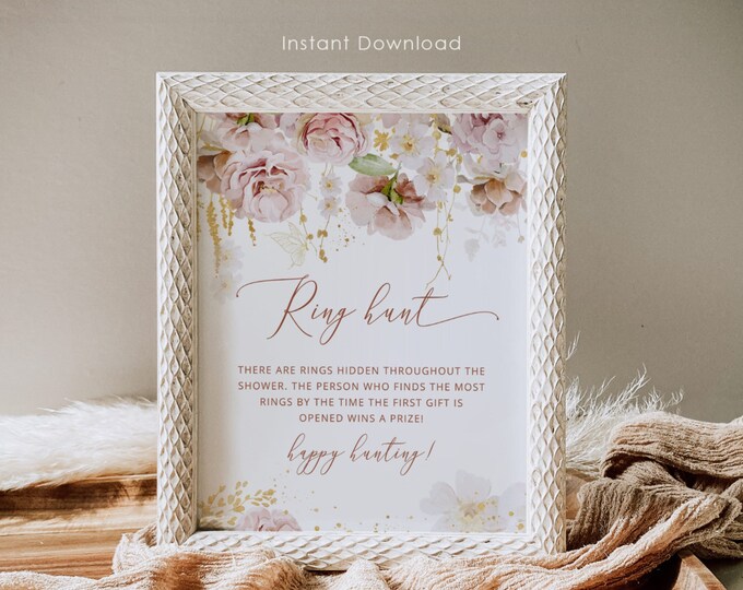 Boho garden Ring Hunt Game. Floral Ring Hunt Sign. Boho gold ring hunt Bridal Shower Game. Instant Download #gar1