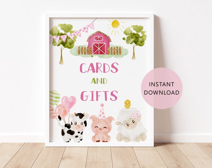 Farm animals Cards and Gifts Sign. Pink farm Cards & Gifts Sign. Pink Barnyard birthday party decoration #f1