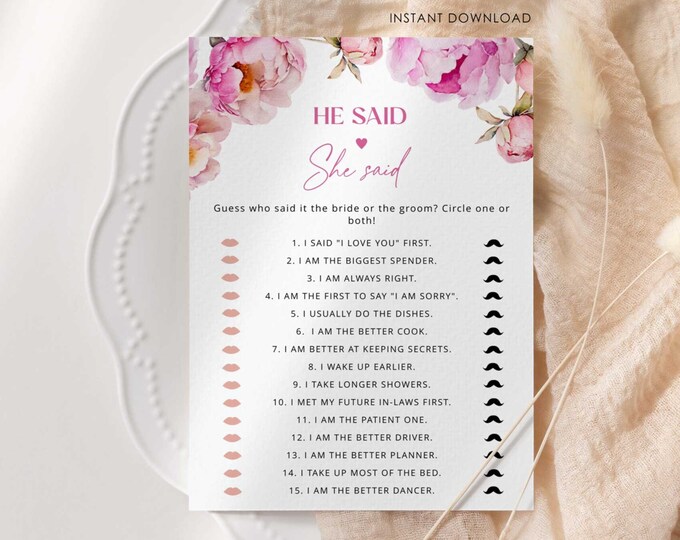 He said she said Bridal Shower Game, Petals and prosecco fuchsia floral Bride or Groom Hen Party Games Instant Download #pet1