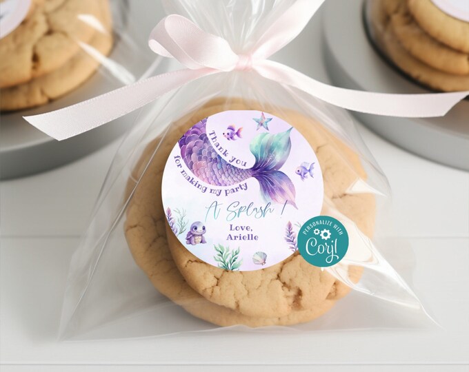 Mermaid tail birthday round favor tag. Under the sea birthday circle sticker template. Little mermaid sticker Template Corjl #mer1