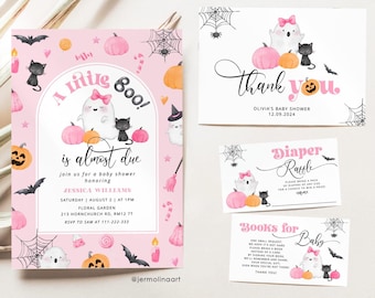 Little Boo is almost Due Baby Shower Invitation. Pink Girl Little Boo baby shower invitation bundle. Corjl template #hl2
