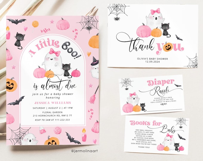 Little Boo is almost Due Baby Shower Invitation. Pink Girl Little Boo baby shower invitation bundle. Corjl template #hl2