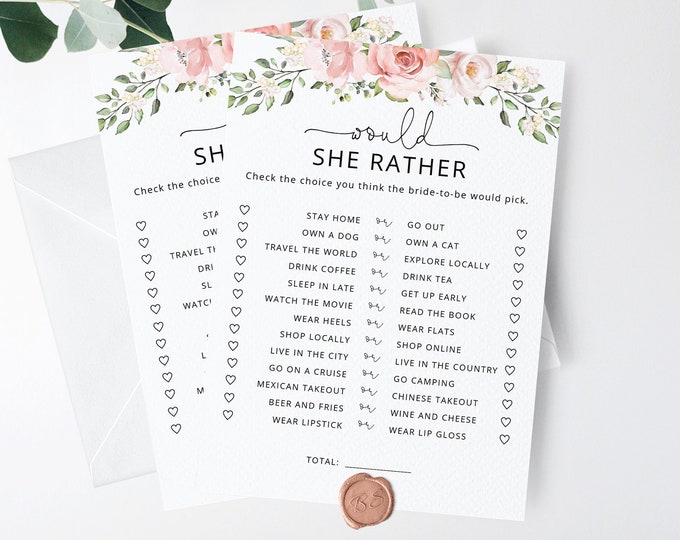 Would She Rather Bridal Shower Game, Printable Wedding Shower Games. Bachelorette Party Games, Hen Party Games Instant Download #br2