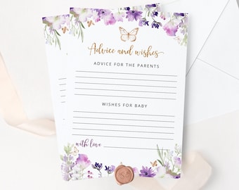 Purple Butterfly Advice and wishes for the parents to be. Lavender gold butterfly advice card Instant download #06