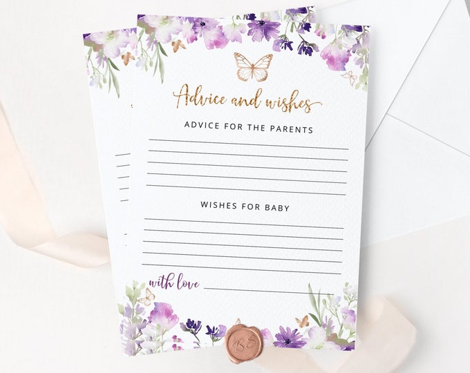 Purple Butterfly Advice and wishes for the parents to be. Lavender gold butterfly advice card Instant download #06