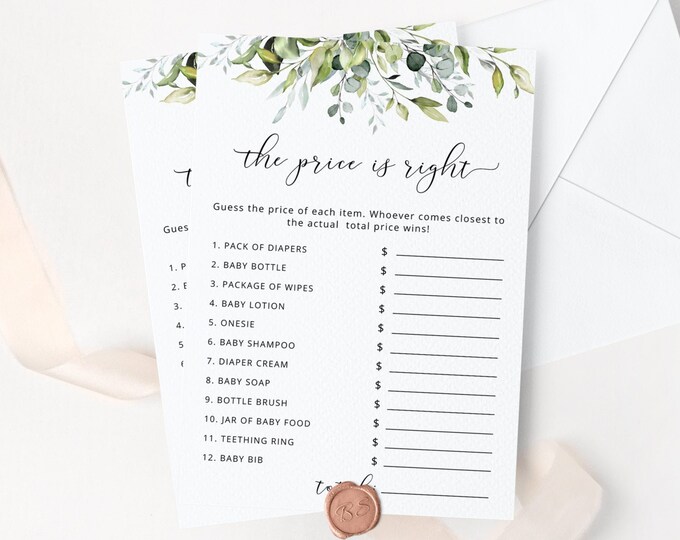 Greenery the Price is Right Baby Shower Game.  Eucalyptus baby shower game. Guessing Game.  Instant Download #02