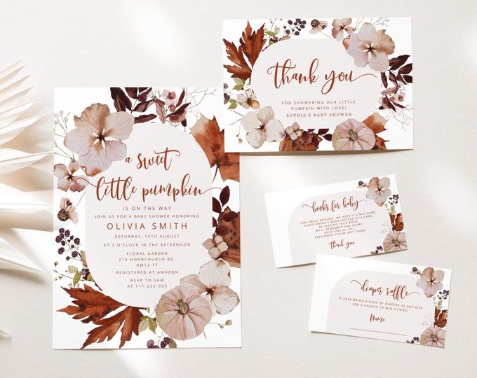 Little pumpkin is on the way Baby Shower Invite. Boho Pumpkin baby shower invitation bundle. Terracotta Fall Baby Shower Invitation set #p5