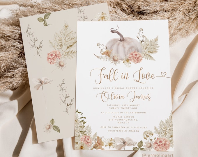 Fall in love bridal shower invitation. Boho Fall in love Bridal Shower Invitation. Dried leaves pumpkin bridal shower invitation #p8