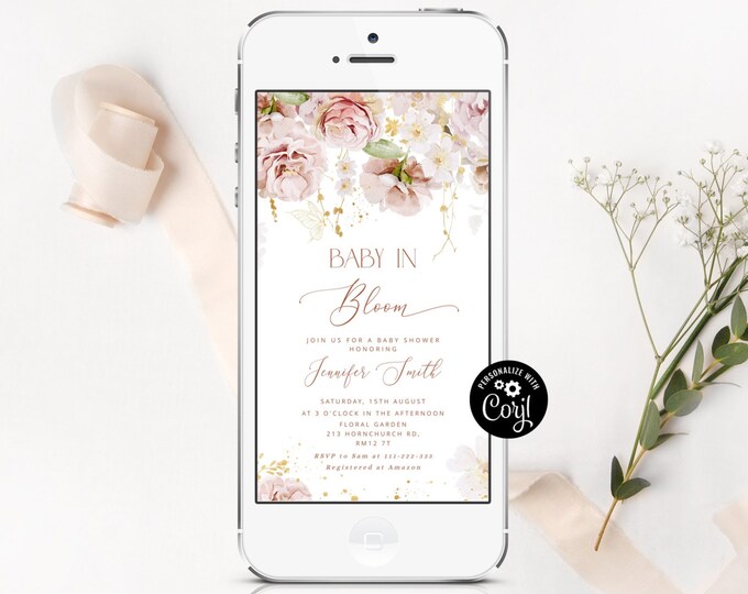 Baby in bloom baby shower e-vite. Boho garden electronic invitation  #gar1
