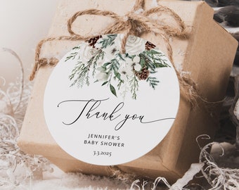 Evergreen round favor tag template. Winter Bridal shower round favor tag template. Winter Circle Sticker Template Corjl printable #ev1