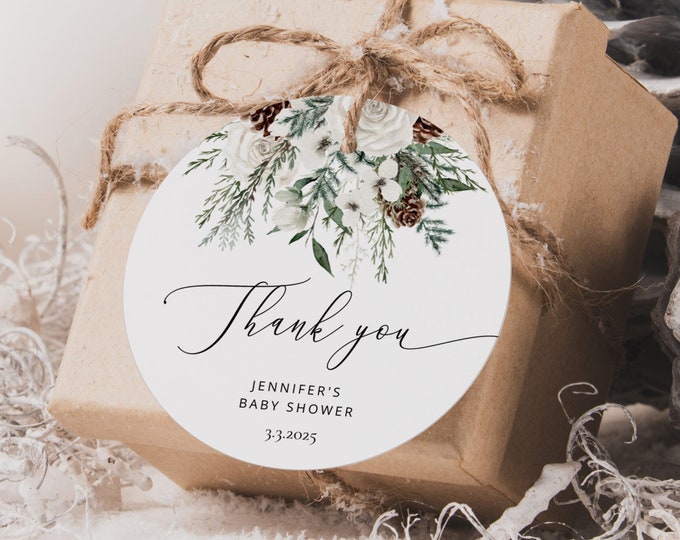 Evergreen round favor tag template. Winter Bridal shower round favor tag template. Winter Circle Sticker Template Corjl printable #ev1