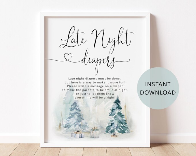 Late Night Diapers Sign. Winter Baby Shower Diapers Thoughts Game. Pin trees Printable Diaper Game, snowy Baby Shower. Instant Download #ad4
