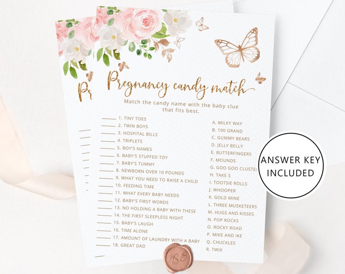 Pregnancy Candy Match. Butterfly pregnancy candy match game. Purple Baby Shower games printable. Instant Download #05