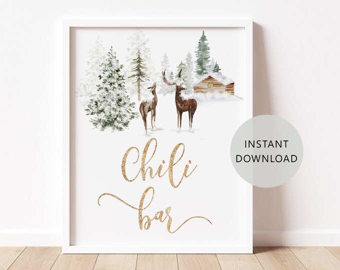 Woodland Chili bar sign. Winter baby shower Chili bar. Winter deer baby shower table sign.  Instant Download  #w3