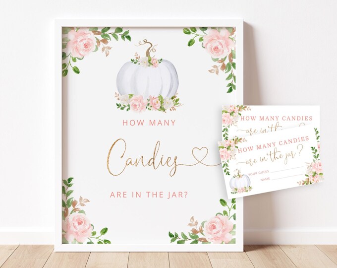 Blush gold Guess How Many Candies Are In The Jar. Pumpkin Baby Shower Game. Pumpkin guess how many guessing game.  Instant Download #p3