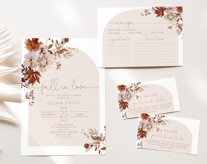 Fall bridal shower invitation template and recipe card. Boho arch Fall in love Bridal Shower bundle, Editable Bridal Shower recipe card #17