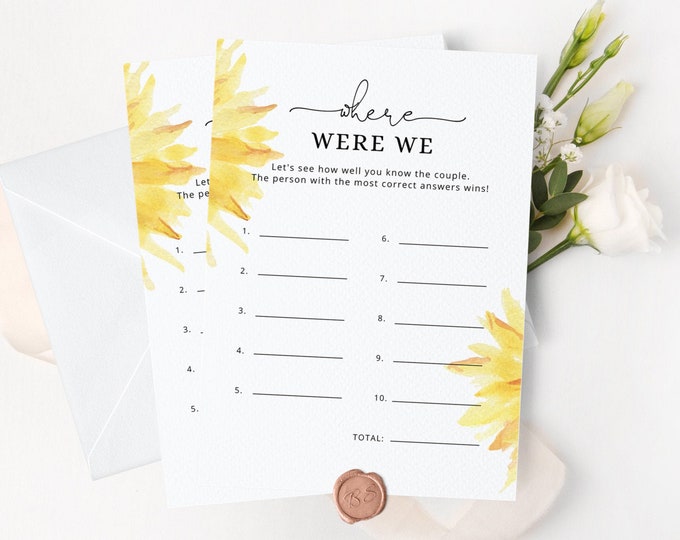 Sunflower Where were we bridal shower game. Couple shower where were they game. Floral where were we game. Instant Download #sun1