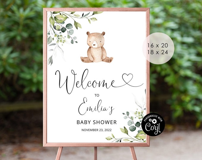 Little Bear baby shower welcome sign. Eucalyptus baby shower welcome sign. Little bear baby shower decor. Corjl Instant Download #w5