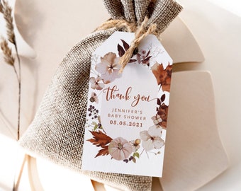 Boho pumpkin baby shower favor tag. Terracotta fall favor tag template. Rustic Fall  baby shower thank you tag. Corjl template #p5