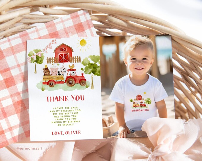 Farm red tractor thank you card with photo. Editable farm animals birthday thank you card. Boy barnyard birthday thank you card #f1