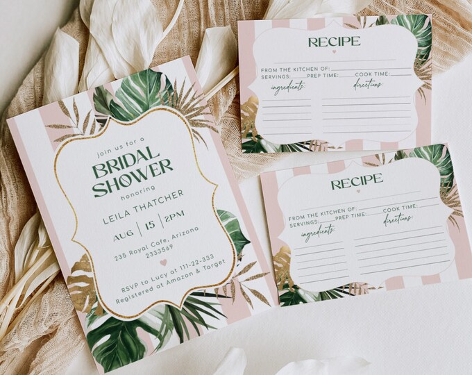 Tropical bridal shower invitation bundle. Beverly hills Bridal Shower bundle . Pink stripes palm Bridal Shower Invitation #bev1