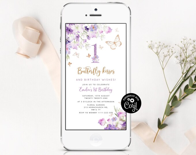 Purple butterfly first birthday e-vite. Wildflowers butterfly 1st birthday electronic invitation #06