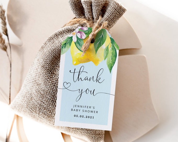 Lemon favor tag Baby shower Thank You Tag Template. Blue Lemon thank you tag. Editable lemon favor tag. Citrus shower thank you tag #lem4