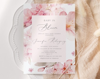 Baby in bloom Baby Shower Invitation template.  Cherry blossom baby shower Invitation. Sakura It's a Girl baby Shower Invitation. Corjl #s1